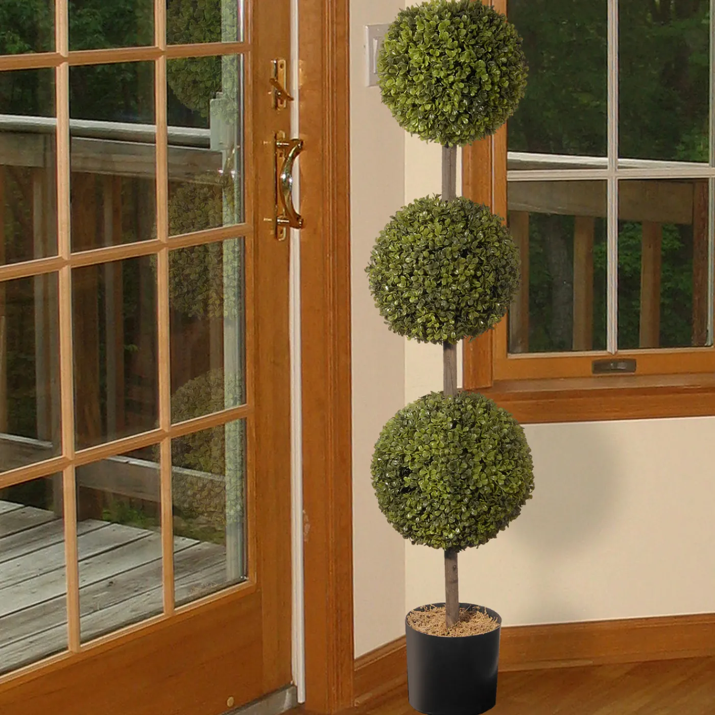 National Tree Company 4 ft. Boxwood Three Ball Potted Topiary in a Black Pot Base
