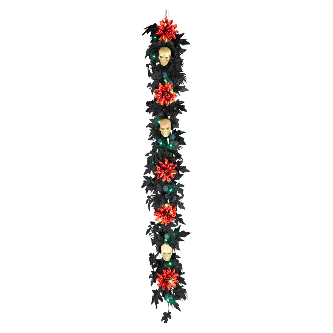 National Tree Company 6 ft. Halloween Boo-tiful Garland with Orange Dahlia Flowers, White Skulls, LED Lights