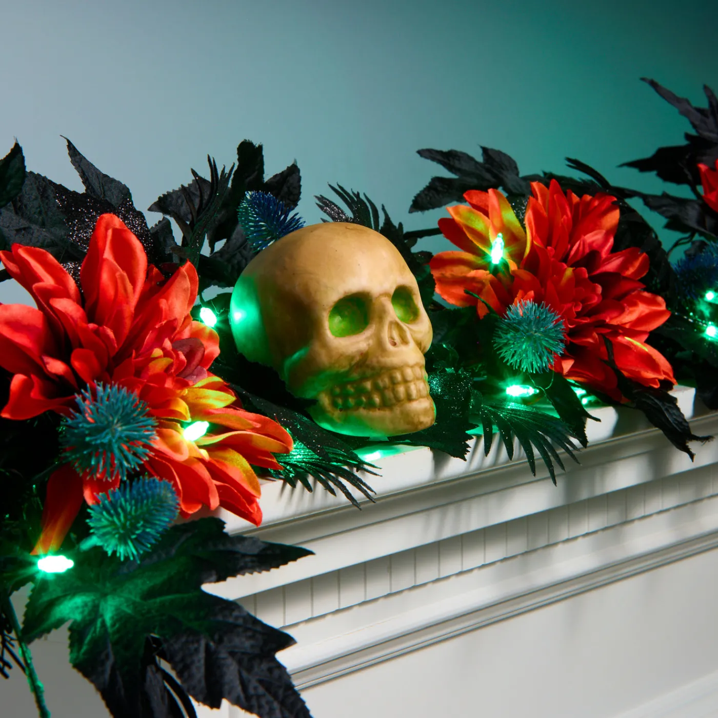 National Tree Company 6 ft. Halloween Boo-tiful Garland with Orange Dahlia Flowers, White Skulls, LED Lights