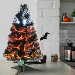 National Tree Company 3 ft. Halloween Pre Lit Black Tree Decoration with Fiber Optic, Candy Corn Colored Lights