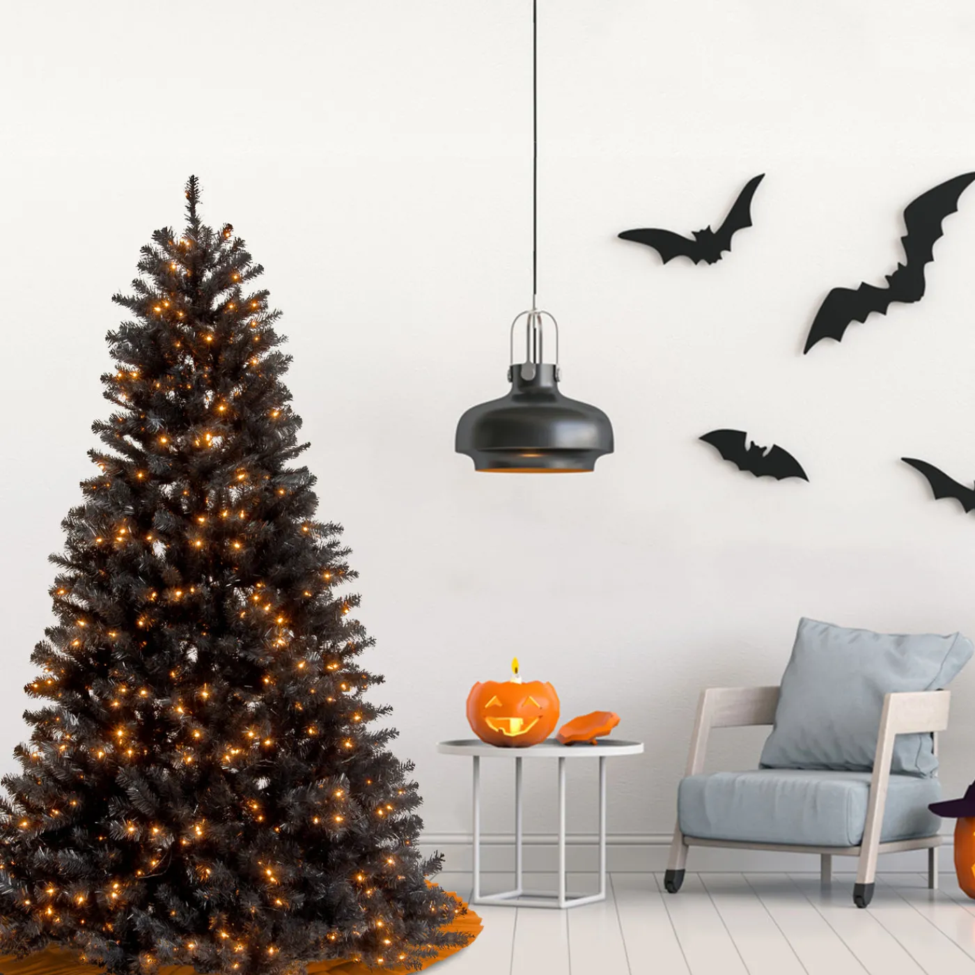National Tree Company 6. ft. Halloween Pre-Lit North Valley Spruce Full Black Tree with White Lights