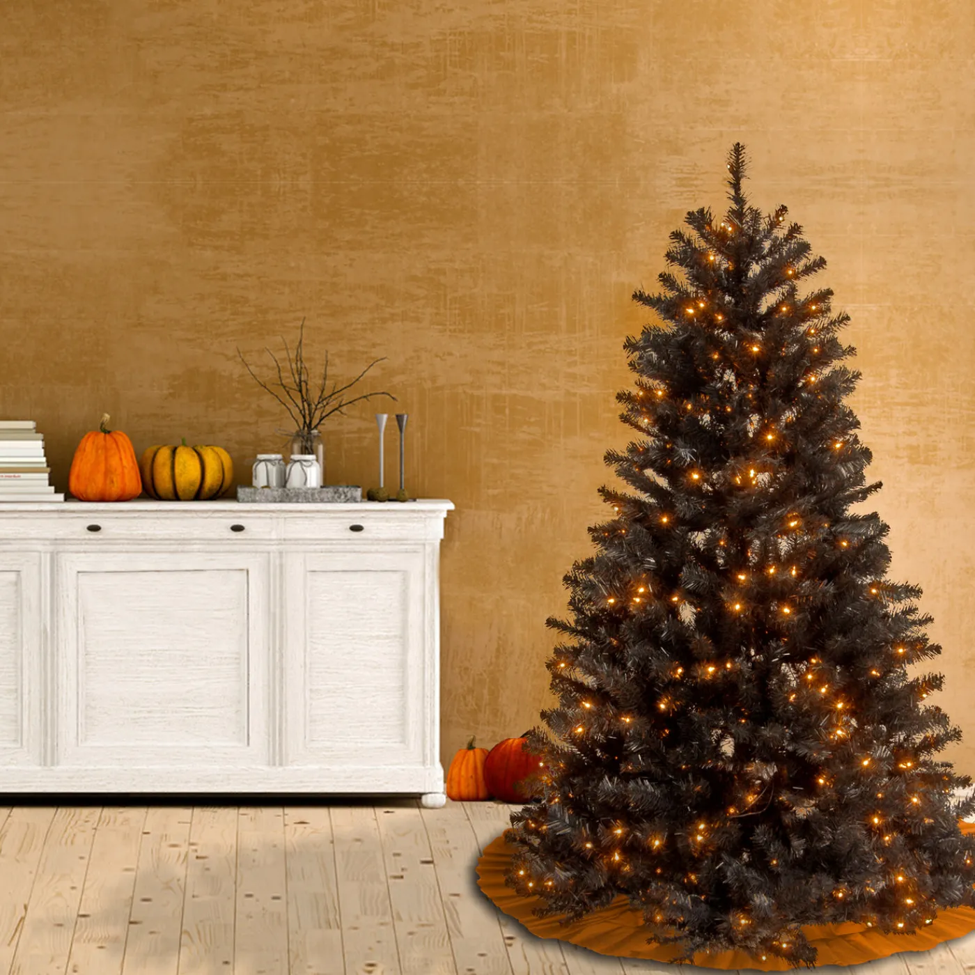 National Tree Company 4.5 ft. Halloween Pre-Lit North Valley Spruce Full Black Christmas Tree with White Lights