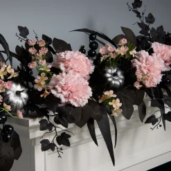 National Tree Company 6 ft. Halloween Pretty Morbid Pink Carnation Wreath with Silver Pumpkins
