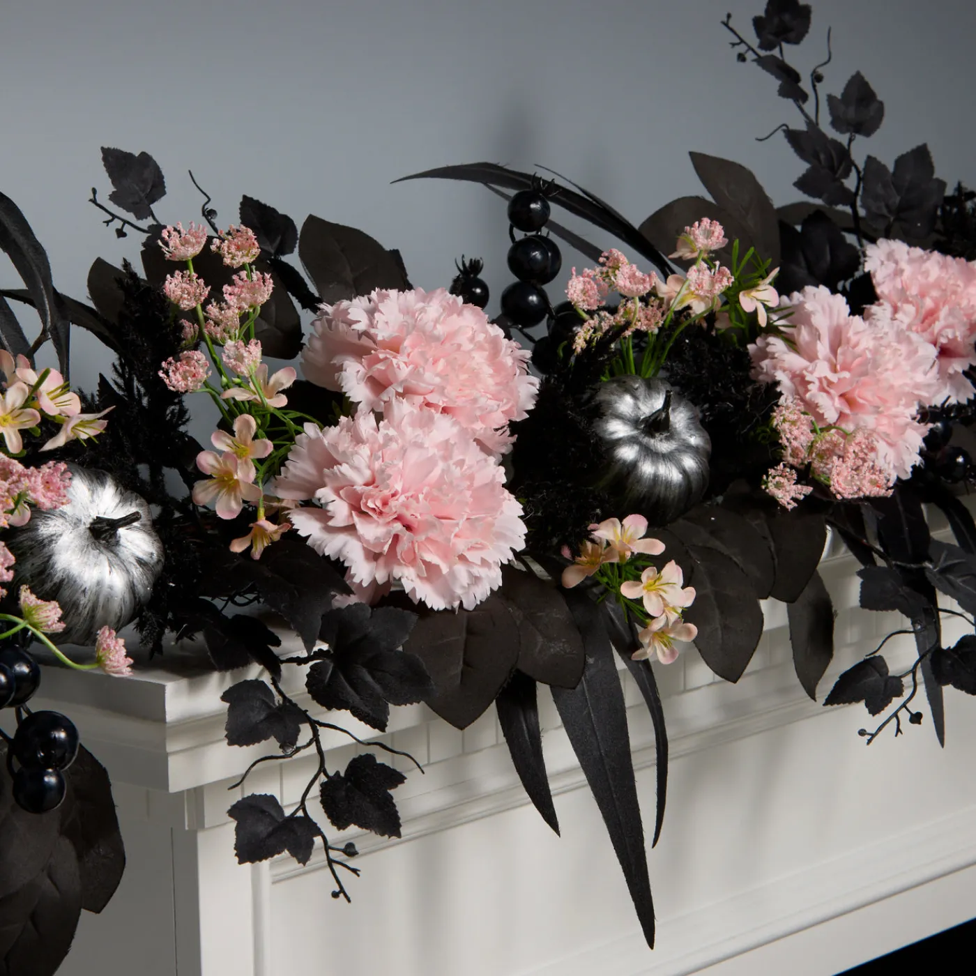 National Tree Company 6 ft. Halloween Pretty Morbid Pink Carnation Wreath with Silver Pumpkins