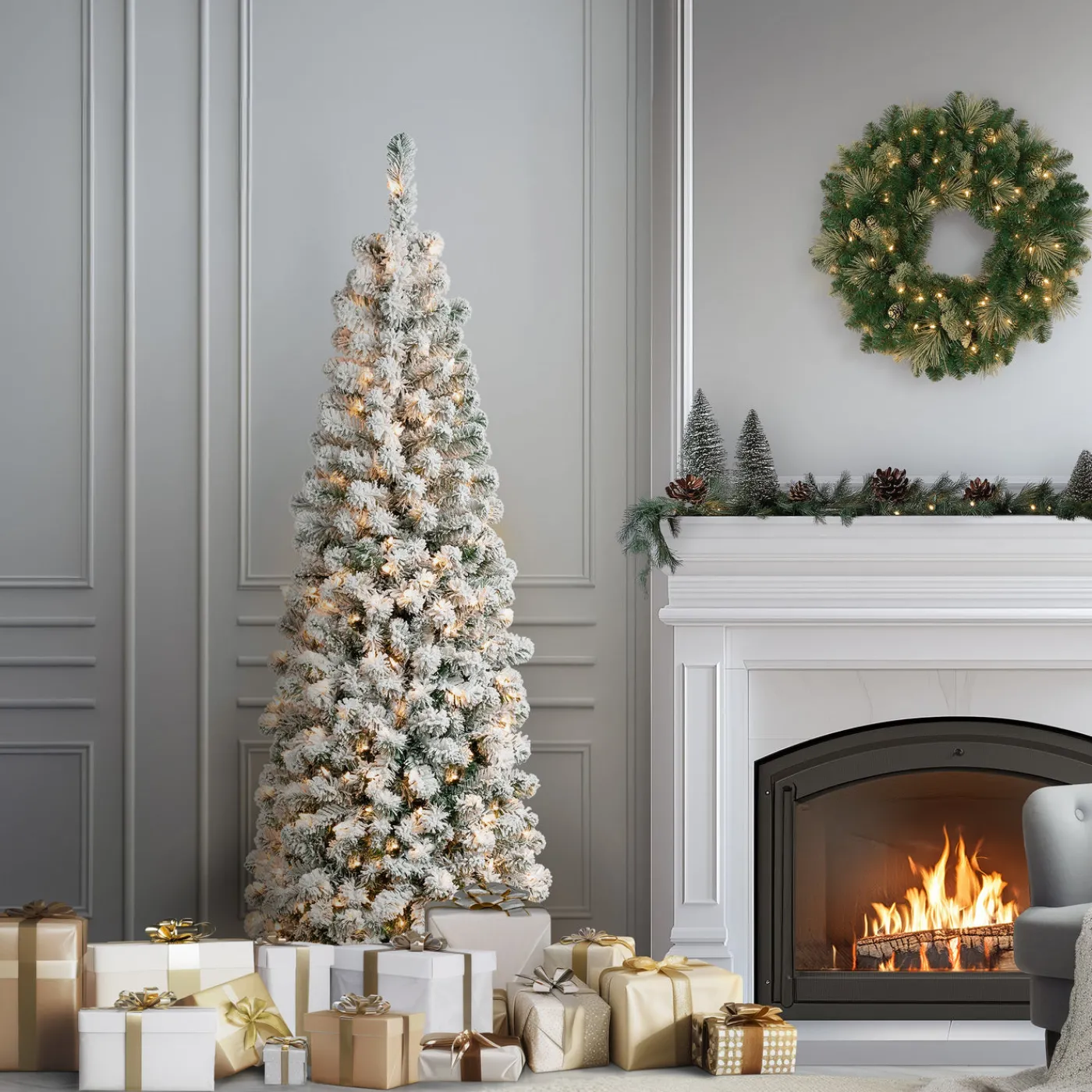 National Tree Company 6 ft. Pre-Lit Acacia Pencil Slim Flocked Tree with Clear Lights