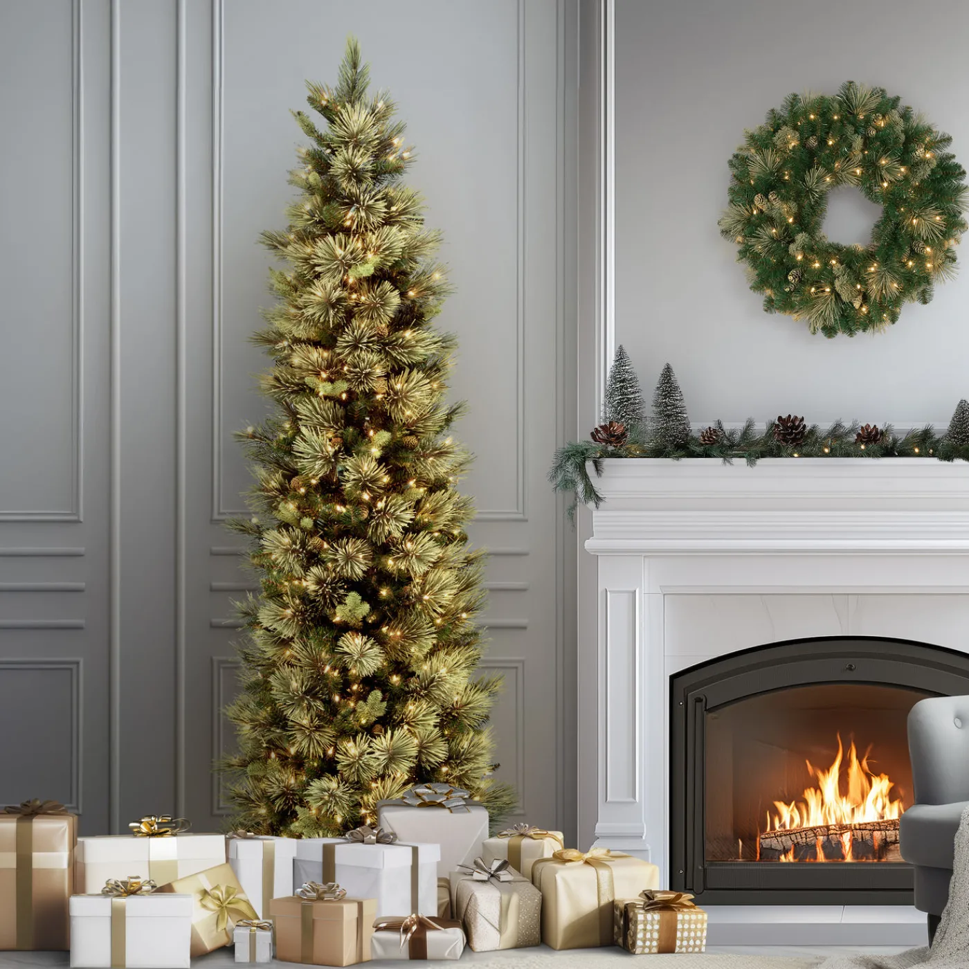 National Tree Company 9 ft. Pre-Lit Carolina Pine Slim Tree with Clear Lights