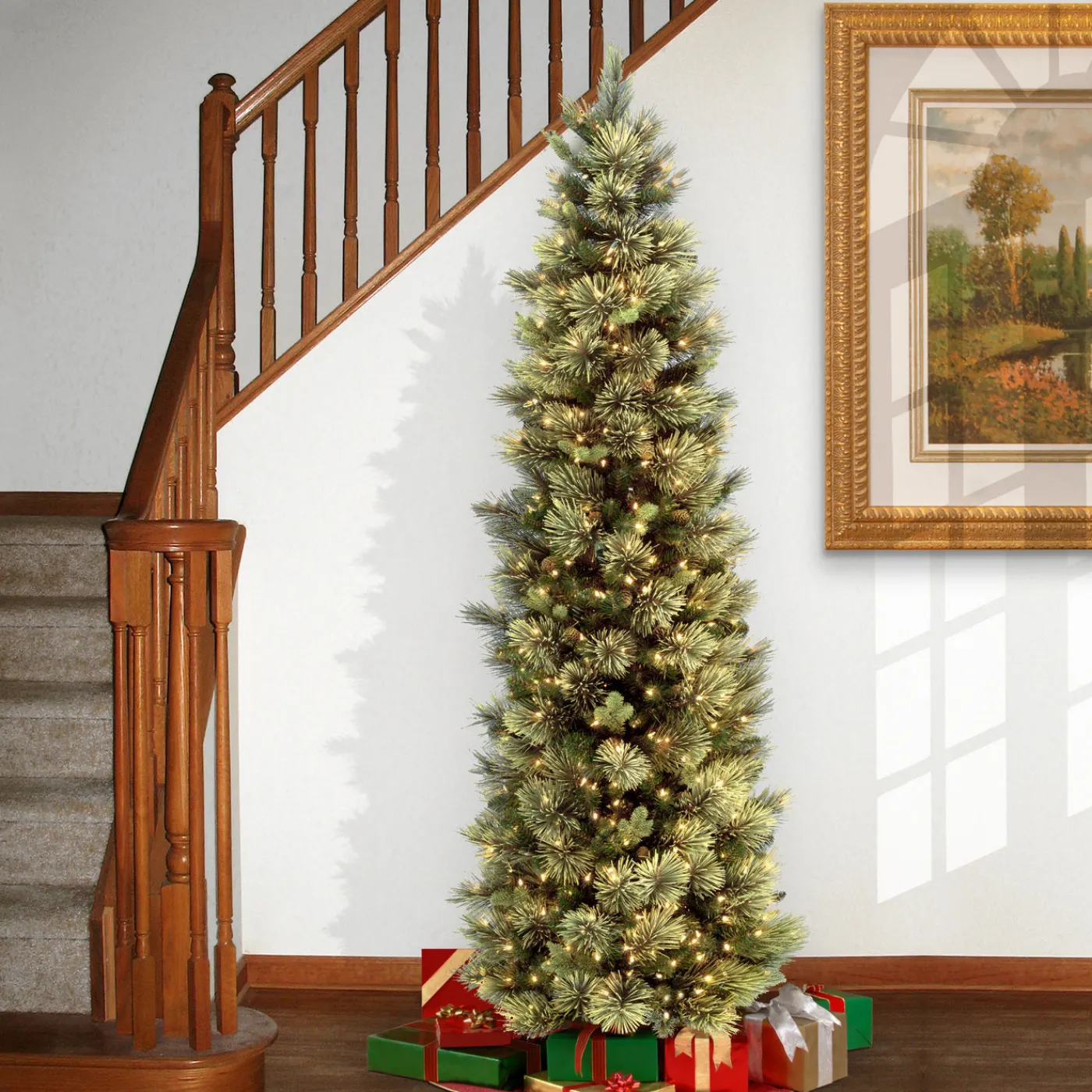 National Tree Company 9 ft. Pre-Lit Carolina Pine Slim Tree with Clear Lights