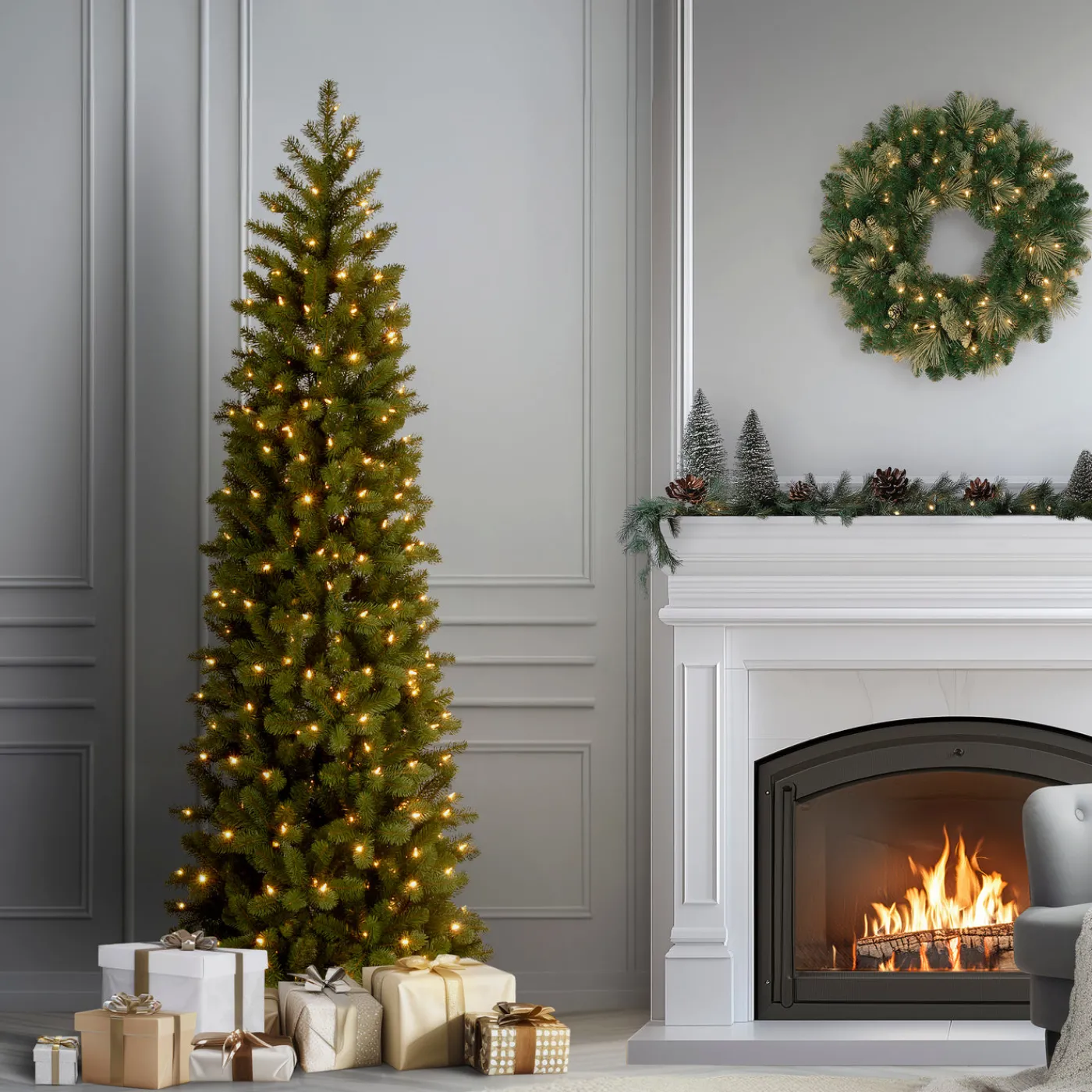 National Tree Company 6.5 ft. Pre-Lit Downswept Douglas Fir Pencil Slim Tree with Dual Color LED Lights