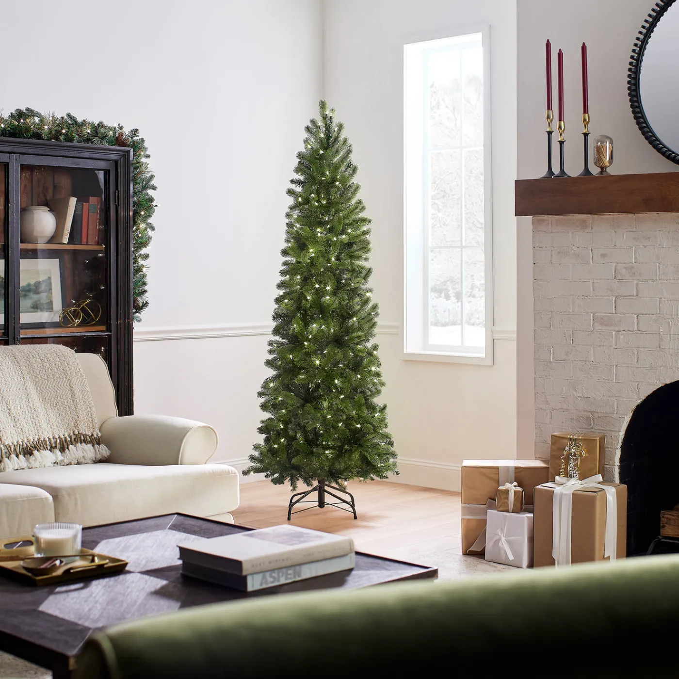 National Tree Company 6.5 ft. Pre-Lit Downswept Douglas Fir Pencil Slim Tree with Dual Color LED Lights