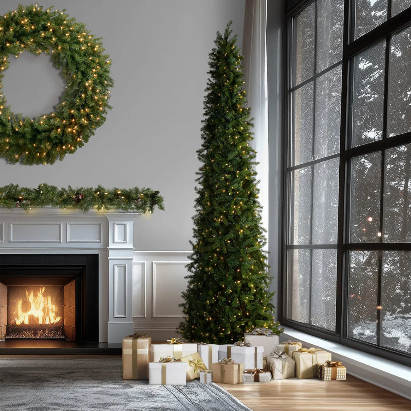 National Tree Company 12 ft. Pre-Lit Downswept Douglas Fir Pencil Slim Tree with Dual Color LED Lights
