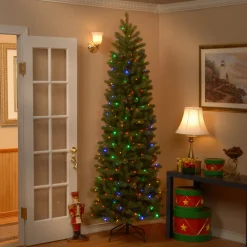 National Tree Company 7.5 ft. Pre-Lit Downswept Douglas Fir Pencil Slim Tree with Dual Color LED Lights