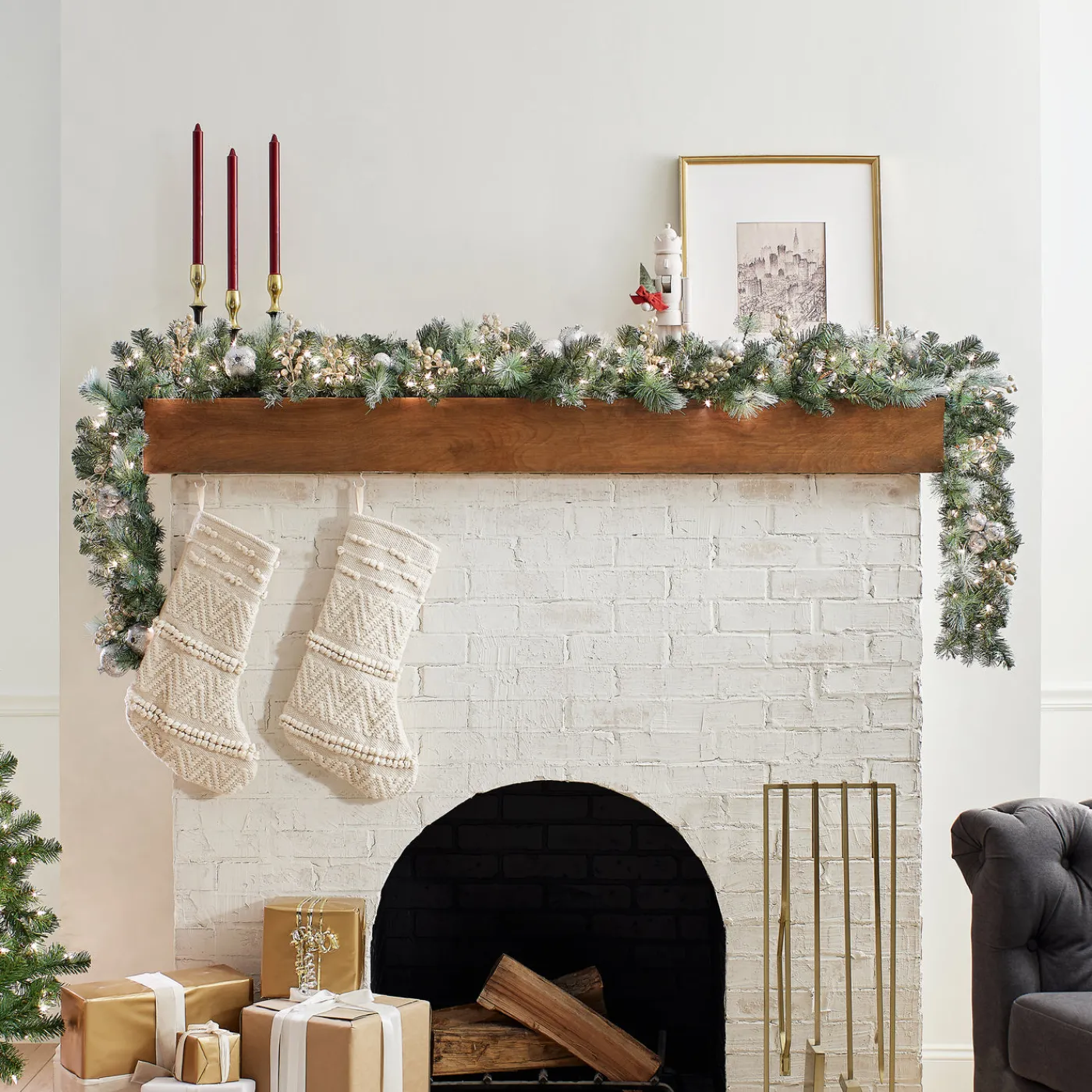 National Tree Company 9 ft. Pre-Lit Glittery Pine Pomegranate Garland with Clear Lights