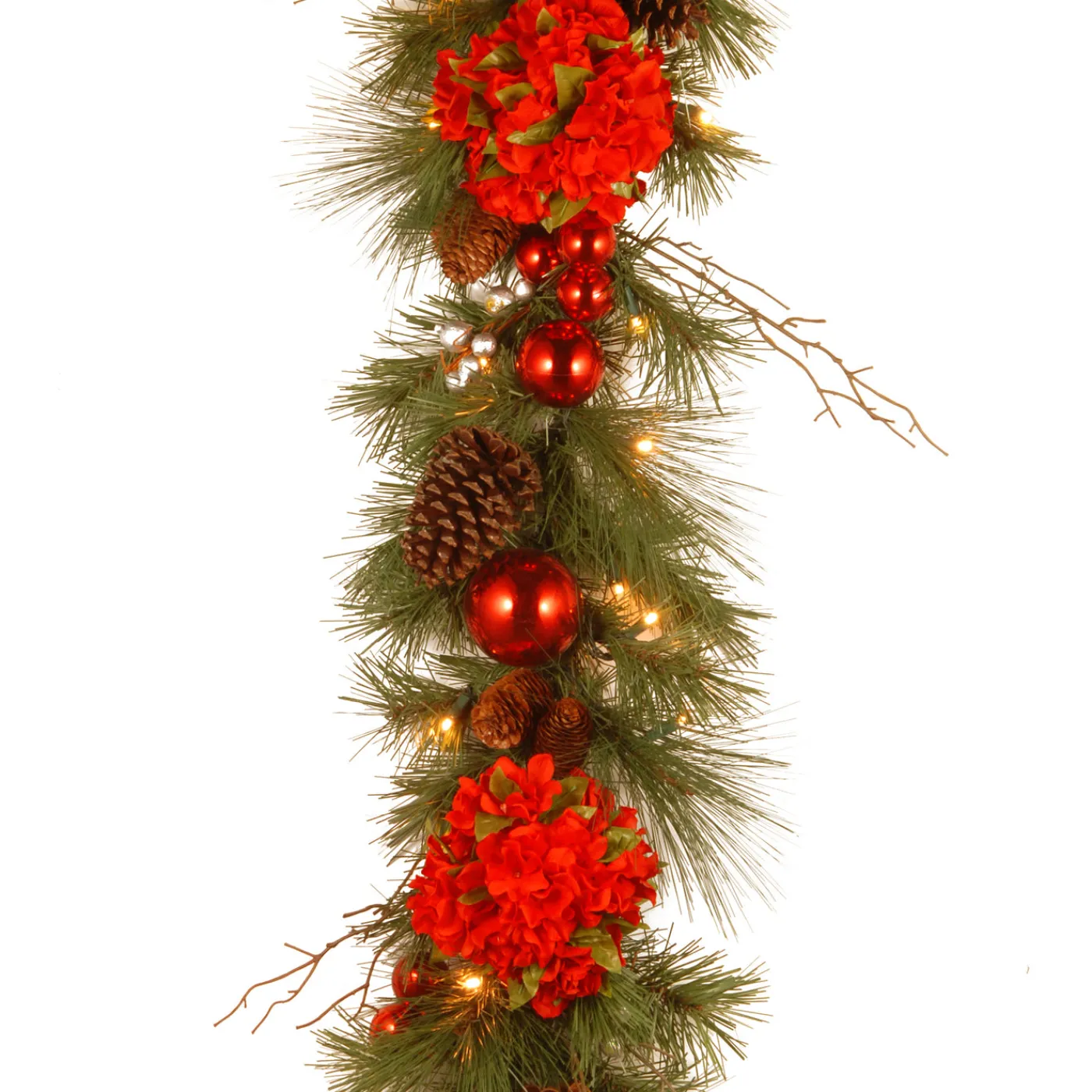 National Tree Company 9 ft. Pre-Lit Hydrangea Pine Garland with Warm White LED Lights