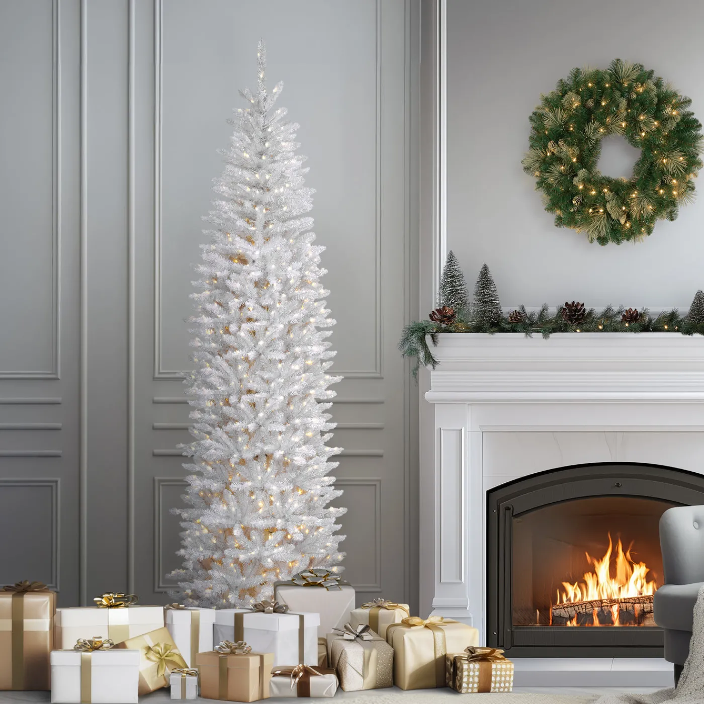 National Tree Company 7.5 ft. Pre-Lit Kingswood Fir White Pencil Tree with Clear Lights