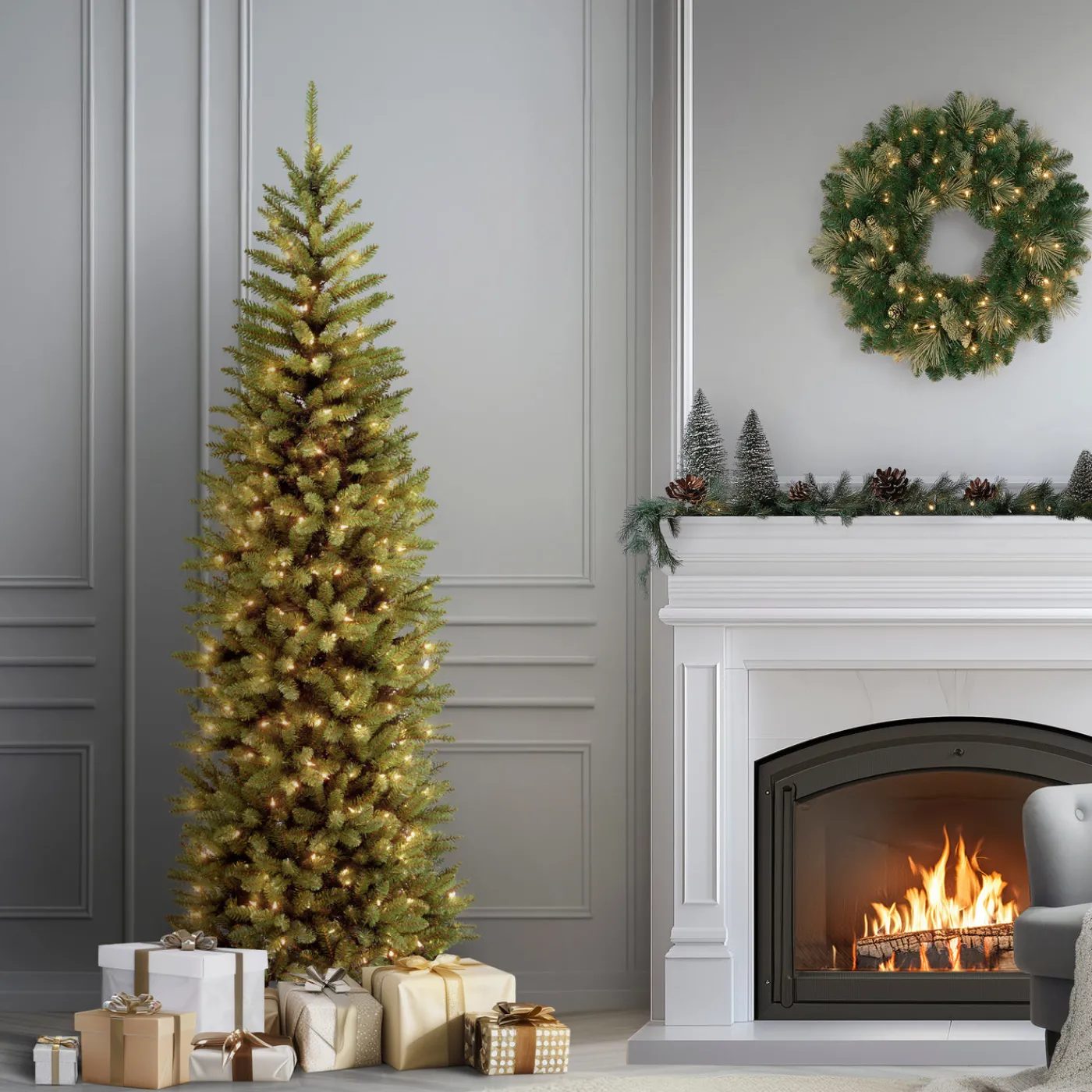 National Tree Company 7 ft. Pre-Lit Kingswood Fir Pencil Tree with Power Connect Dual Color LED Lights