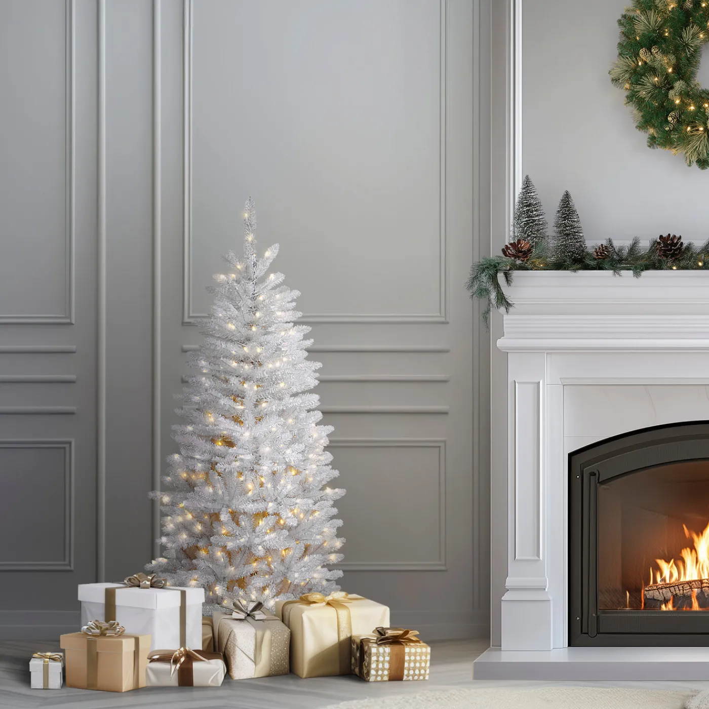 National Tree Company 4.5 ft. Pre-Lit Kingswood Fir White Pencil Tree with Clear Lights