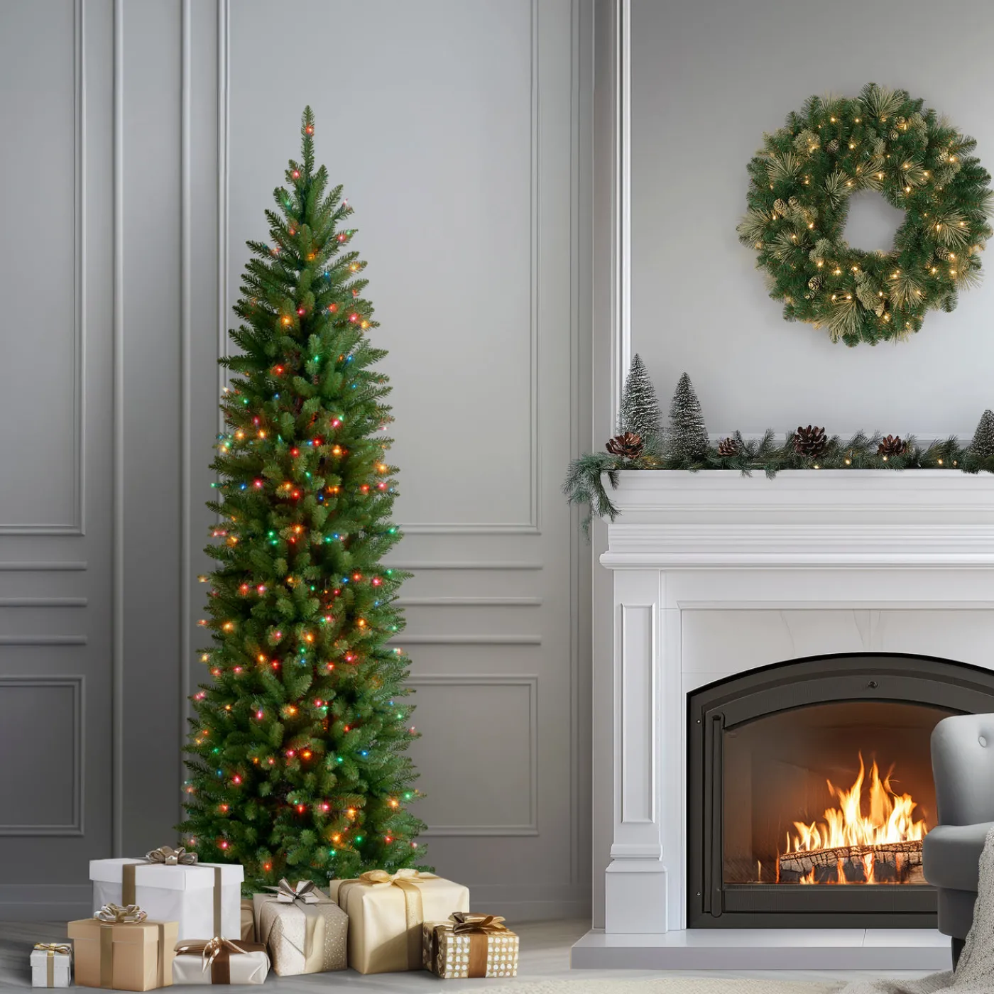 National Tree Company 7 ft. Pre-Lit Kingswood Fir Pencil Tree with Multicolor Lights