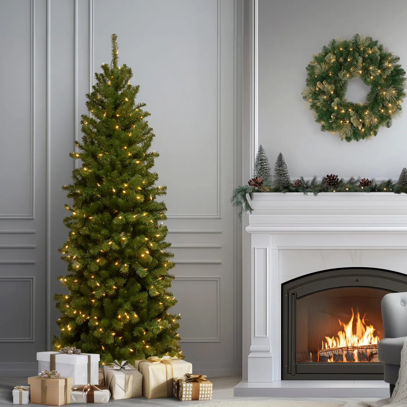 National Tree Company 6 ft. Pre-Lit North Valley Spruce Pencil Slim Tree with Clear Lights
