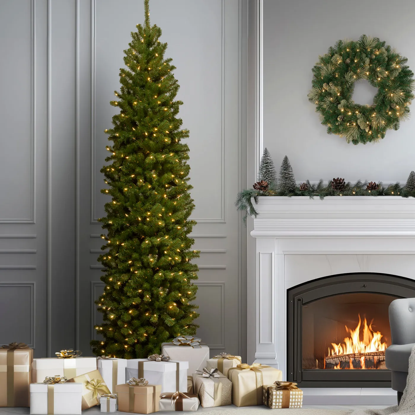 National Tree Company 9 ft. Pre-Lit North Valley Spruce Pencil Slim Tree with Clear Lights