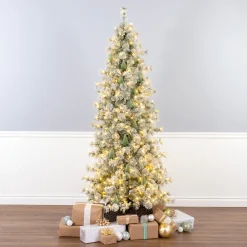 National Tree Company 7.5 ft. Pre-Lit Snowy Bottle Brush Slim Tree with Clear Lights