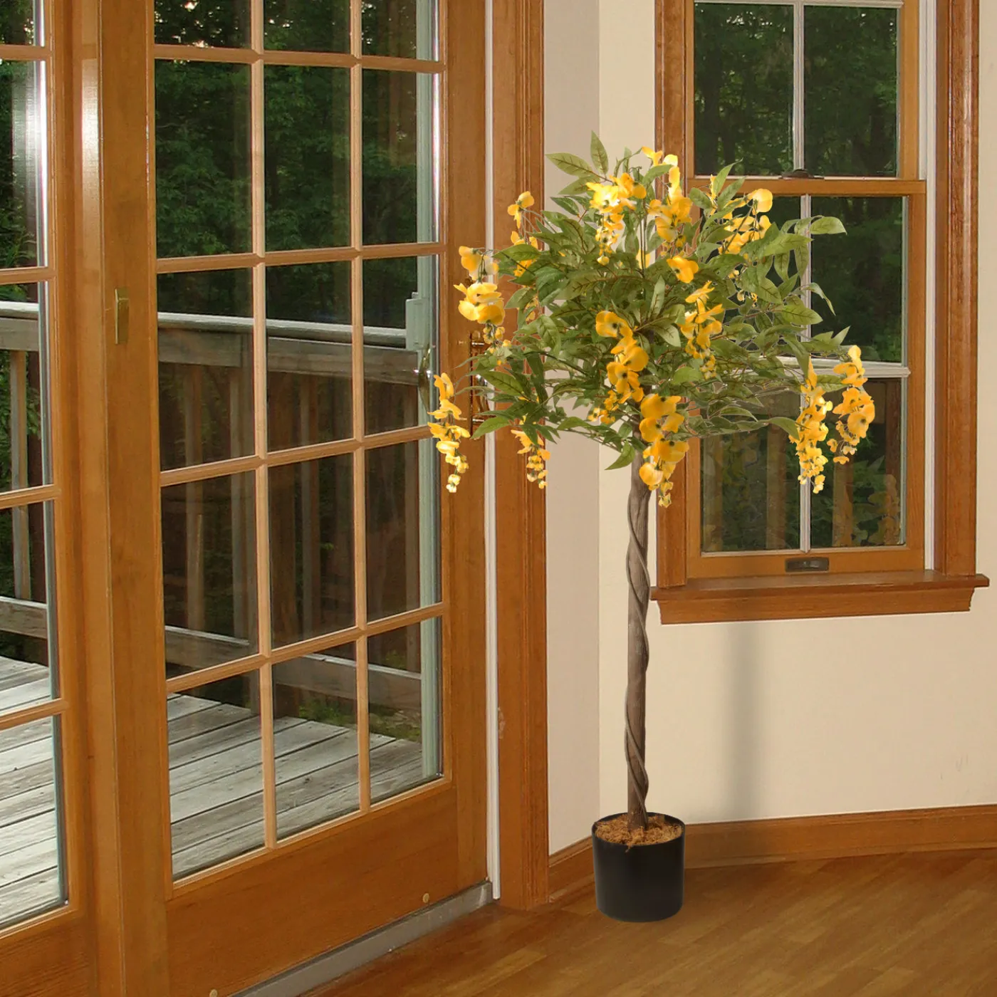 National Tree Company 4 ft. Spring Wisteria Potted Tree with Yellow Flower Blooms in a Black Pot Base