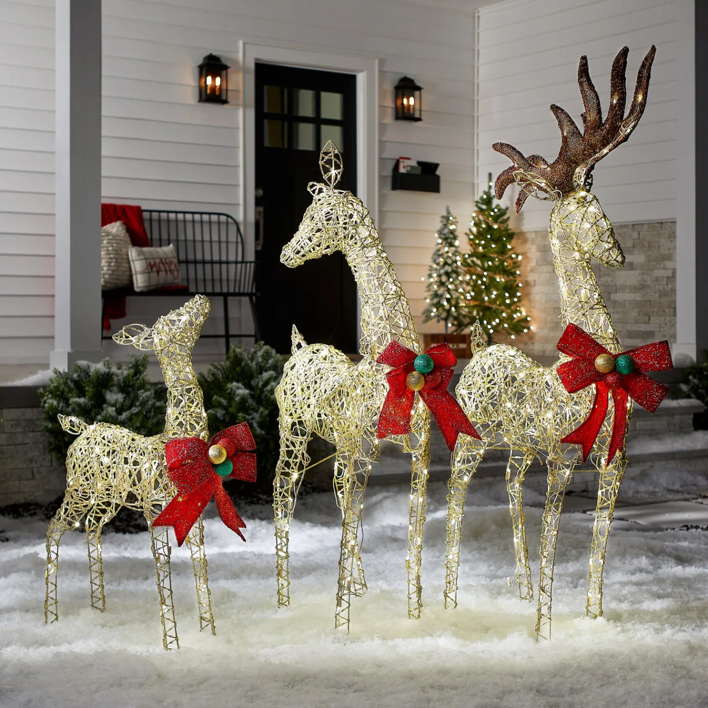 National Tree Company 60 in., 52 in. and 36 in. Champagne Glitter Deer Family with 370 Warm White LED Lights