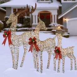 National Tree Company 60 in., 52 in. and 36 in. Champagne Glitter Deer Family with 370 Warm White LED Lights