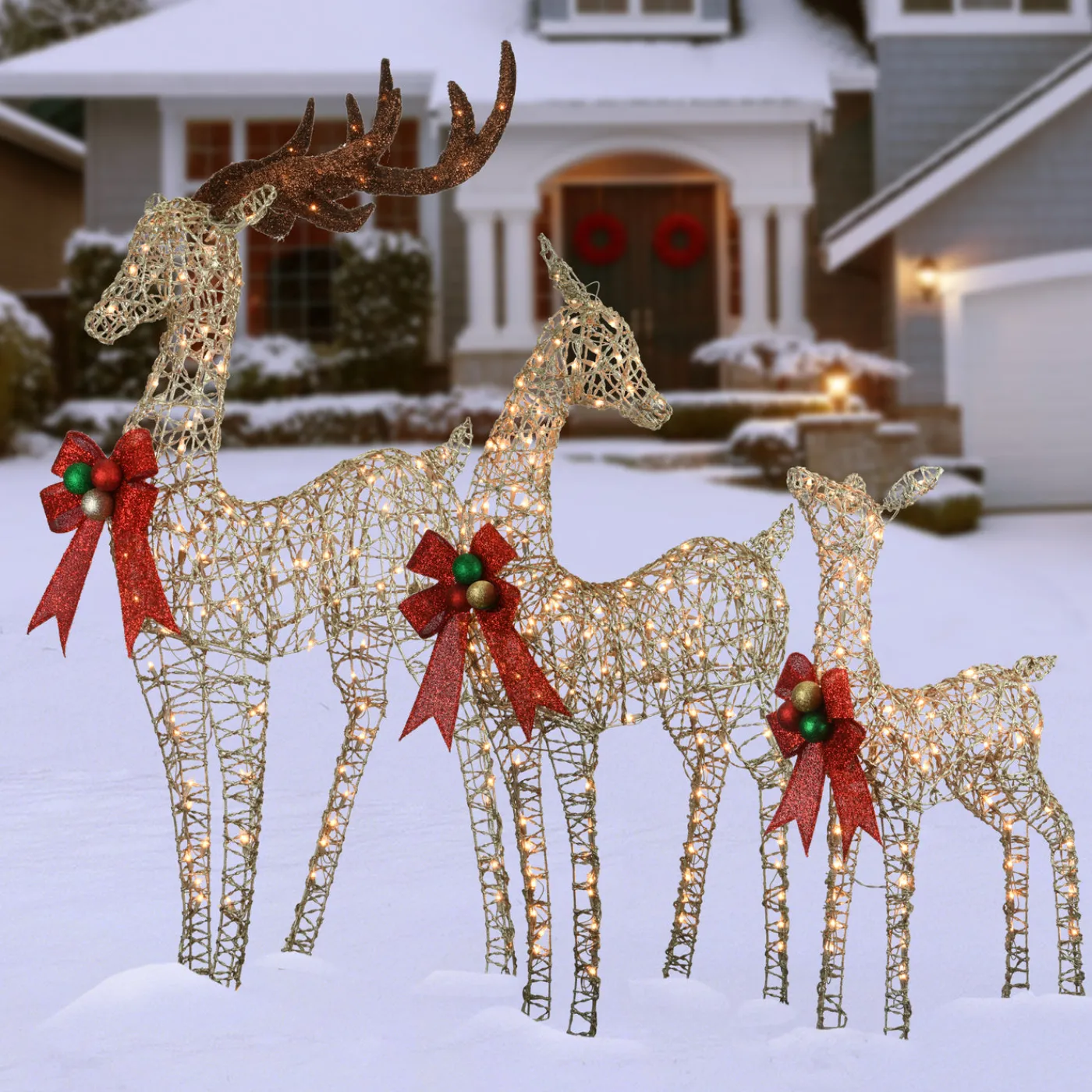 National Tree Company 60 in., 52 in. and 36 in. Champagne Glitter Deer Family with 370 Warm White LED Lights