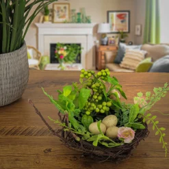 National Tree Company 6 in. Blossom Bird's Nest Table Decoration Decorated with Easter Eggs