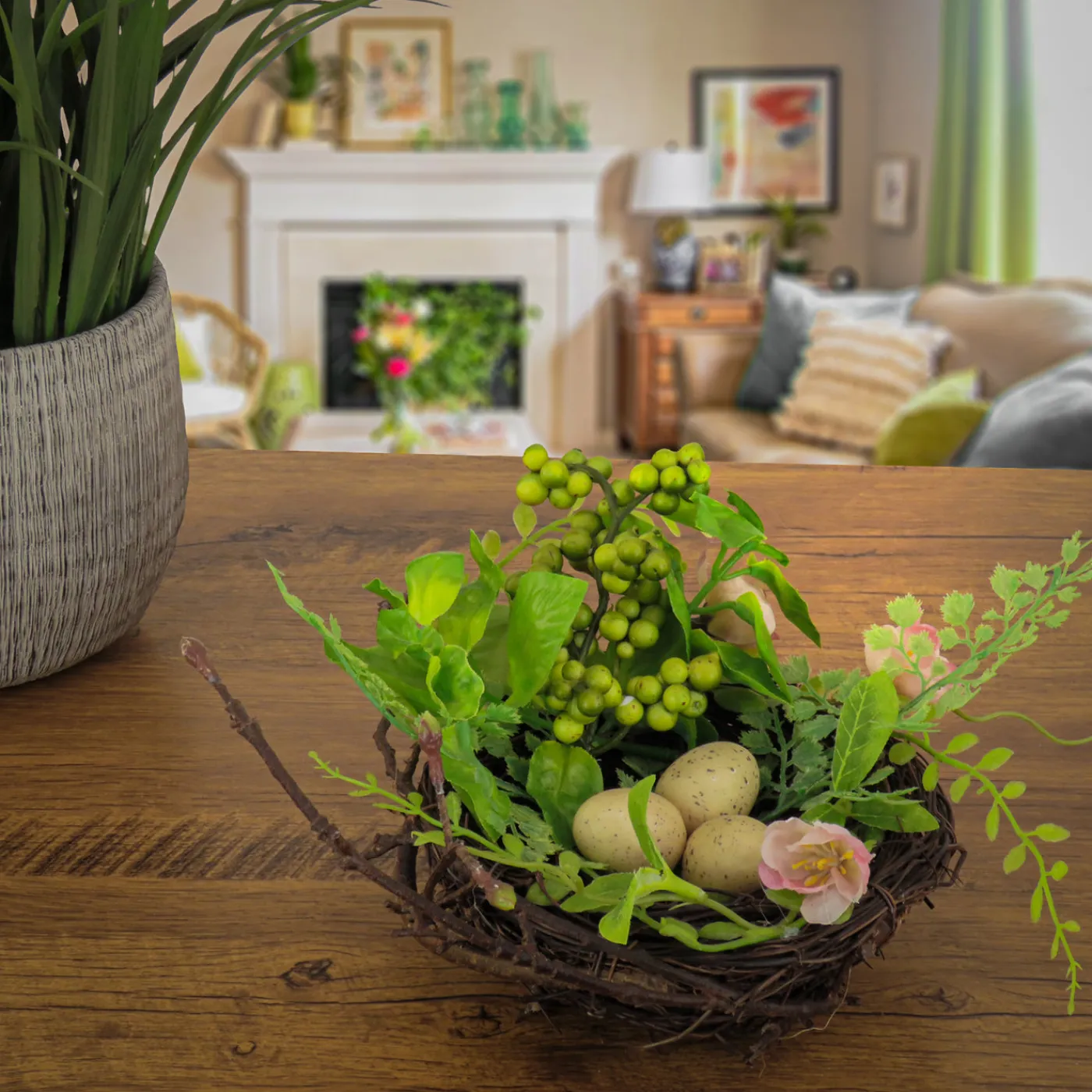 National Tree Company 6 in. Blossom Bird's Nest Table Decoration Decorated with Easter Eggs
