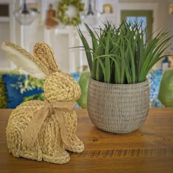 National Tree Company 9 in. Braided Bunny Table Decoration Decorated with Woven Ribbon