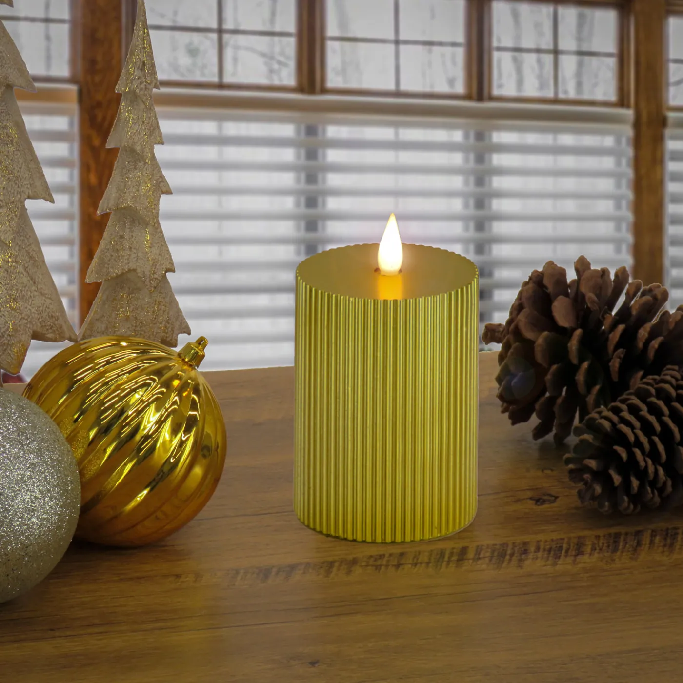 National Tree Company 4 in. by 8 in. HGTV Home Collection Flameless Georgetown Pillar Candle, Gold