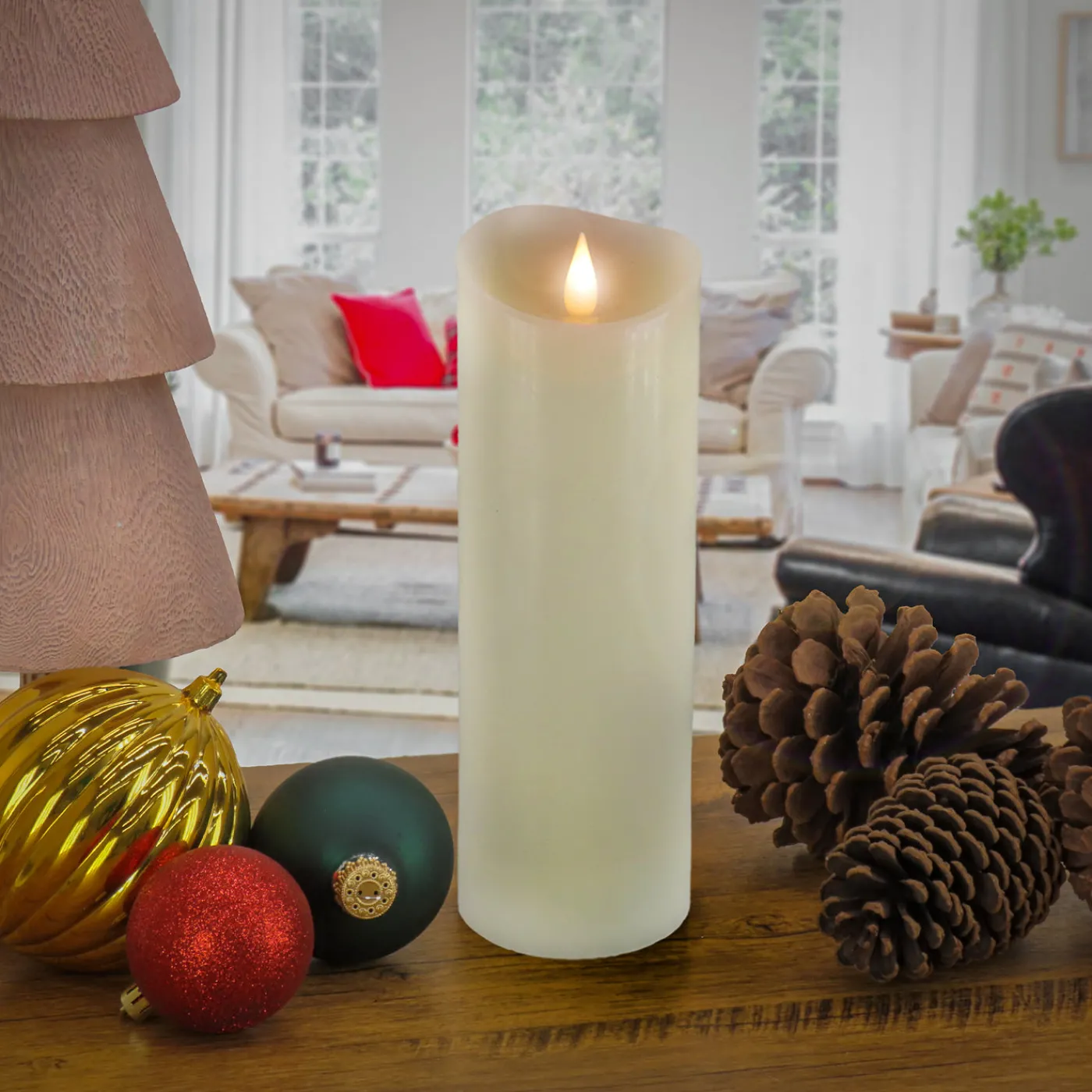 National Tree Company 3 in. by 9 in. HGTV Home Collection Flameless Heritage Pillar Candle, Ivory