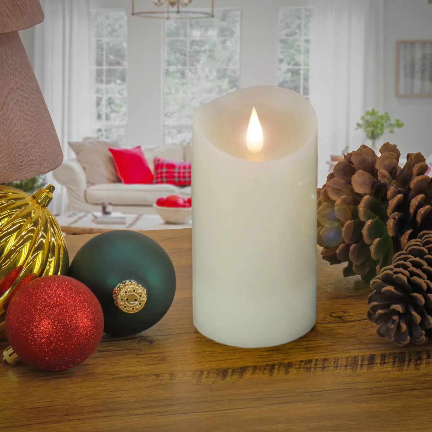 National Tree Company 3 in. by 7 in. HGTV Home Collection Flameless Heritage Pillar Candle, Ivory