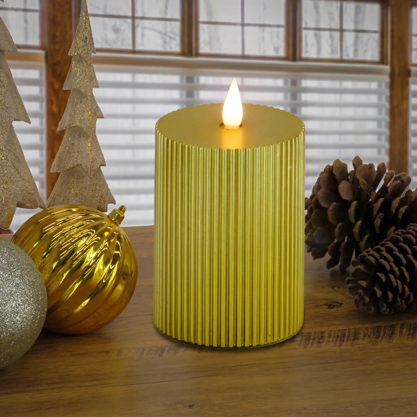 National Tree Company 5 in. by 7 in. HGTV Home Collection Flameless Georgetown Pillar Candle, Gold