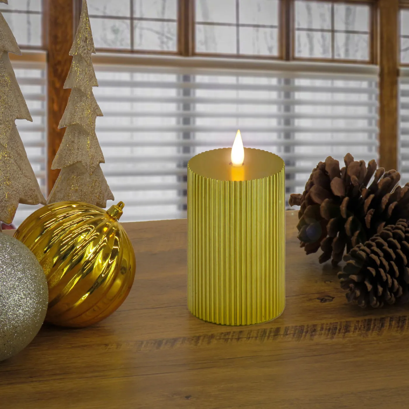 National Tree Company 3 in. by 9 in. HGTV Home Collection Flameless Georgetown Pillar Candle, Gold