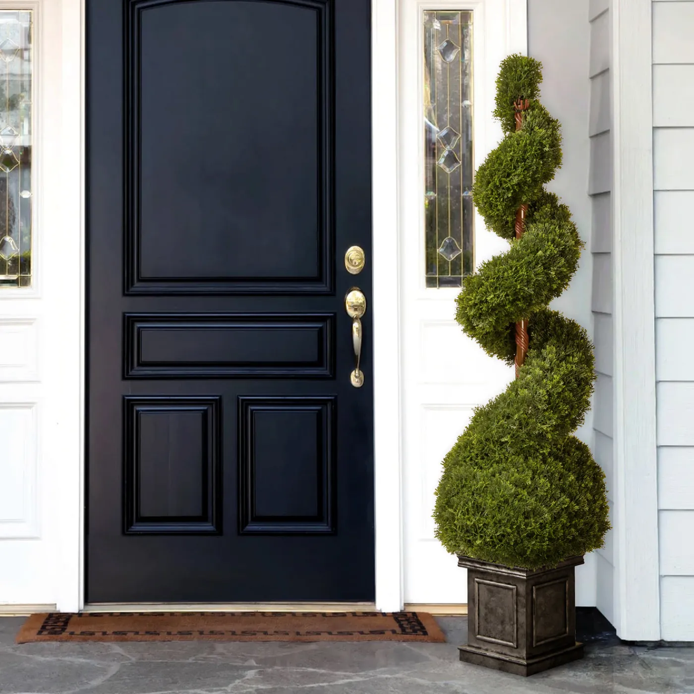National Tree Company 48 in. Cedar Spiral Topiary Tree with Ball in a Black Square Pot