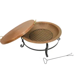 National Tree Company 30 in. Copper Finish Hammered Steel Outdoor Fire Pit with Black Stand, Fire Poker and Copper Cover