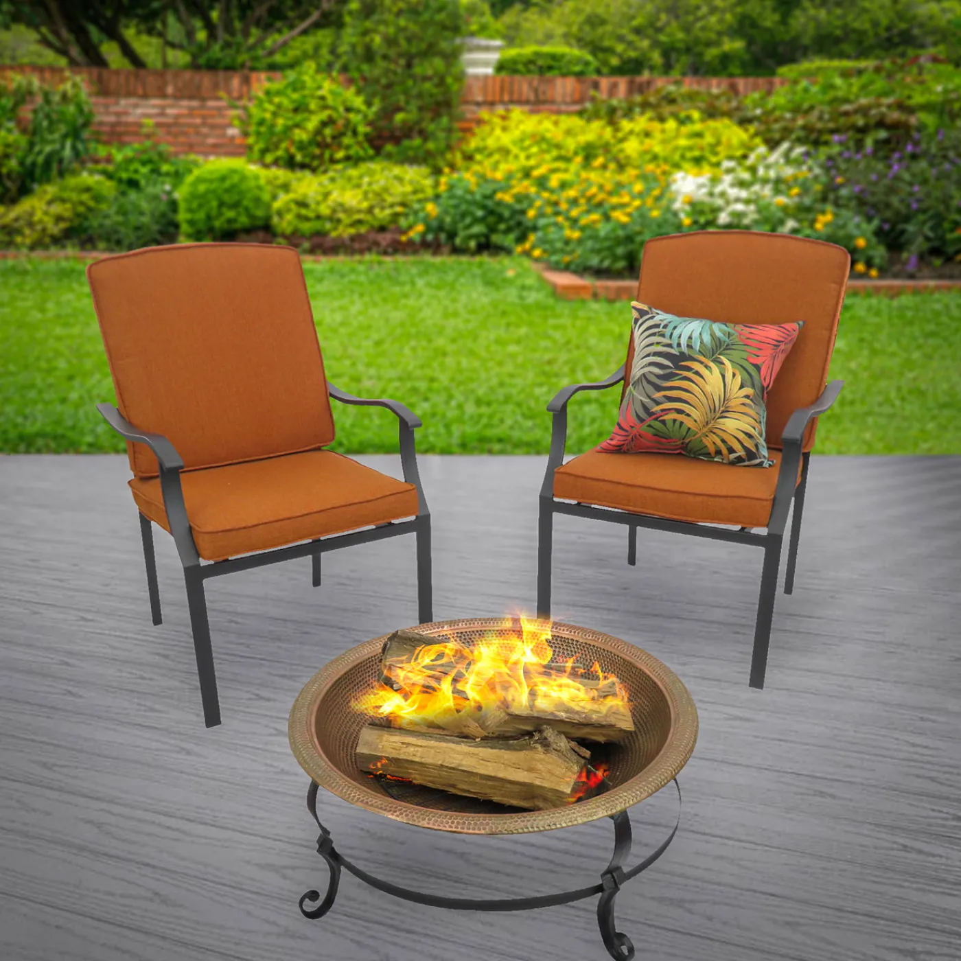 National Tree Company 30 in. Copper Finish Hammered Steel Outdoor Fire Pit with Black Stand, Fire Poker and Copper Cover