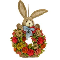 National Tree Company 20 in. Easter Wreath Decorated with Red, Orange and Green Flower Blooms, Bunny Head and Feet