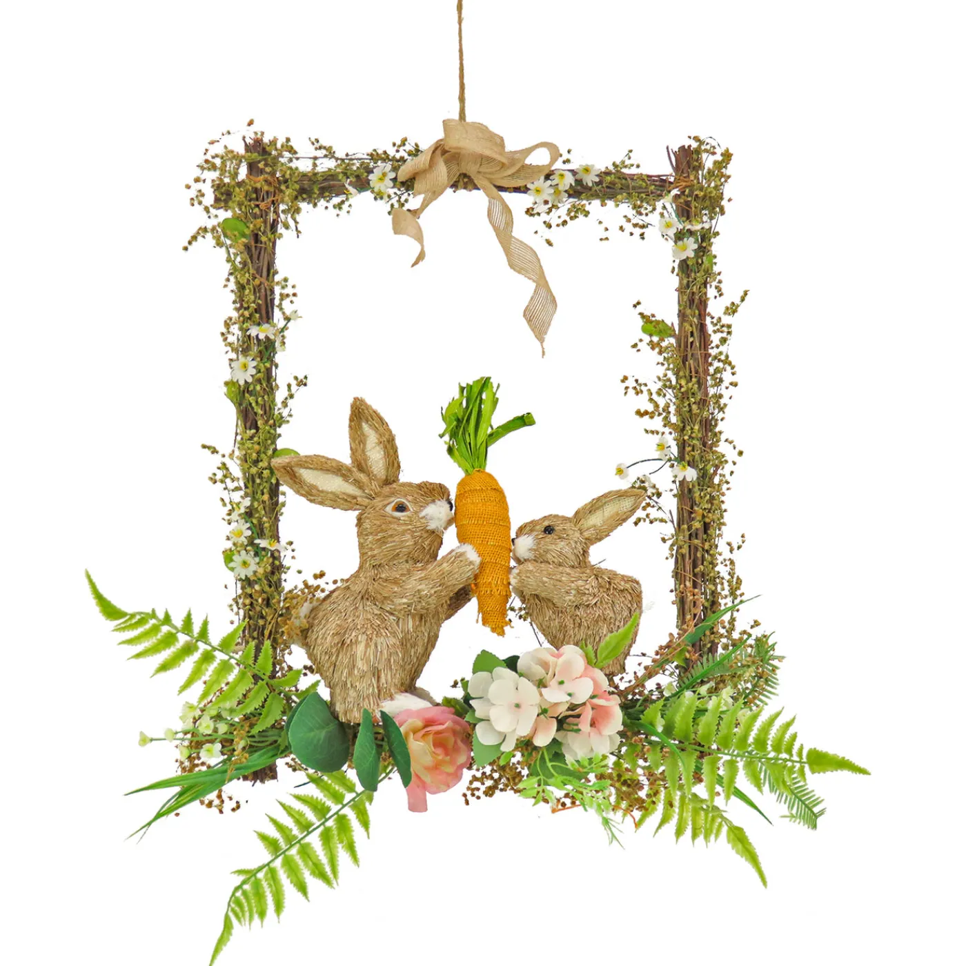 National Tree Company 14 in. Easter Bunnies Hanging Wall Decoration Decorated with Two Bunnies, Carrots, Flower Blooms, Leafy Greens