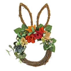 National Tree Company 17 in. Easter Bunny Shaped Hanging Wreath Decorated with Colorful Flower Blooms, Berry Clusters, Leafy Greens