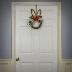 National Tree Company 17 in. Easter Bunny Shaped Hanging Wreath Decorated with Colorful Flower Blooms, Berry Clusters, Leafy Greens