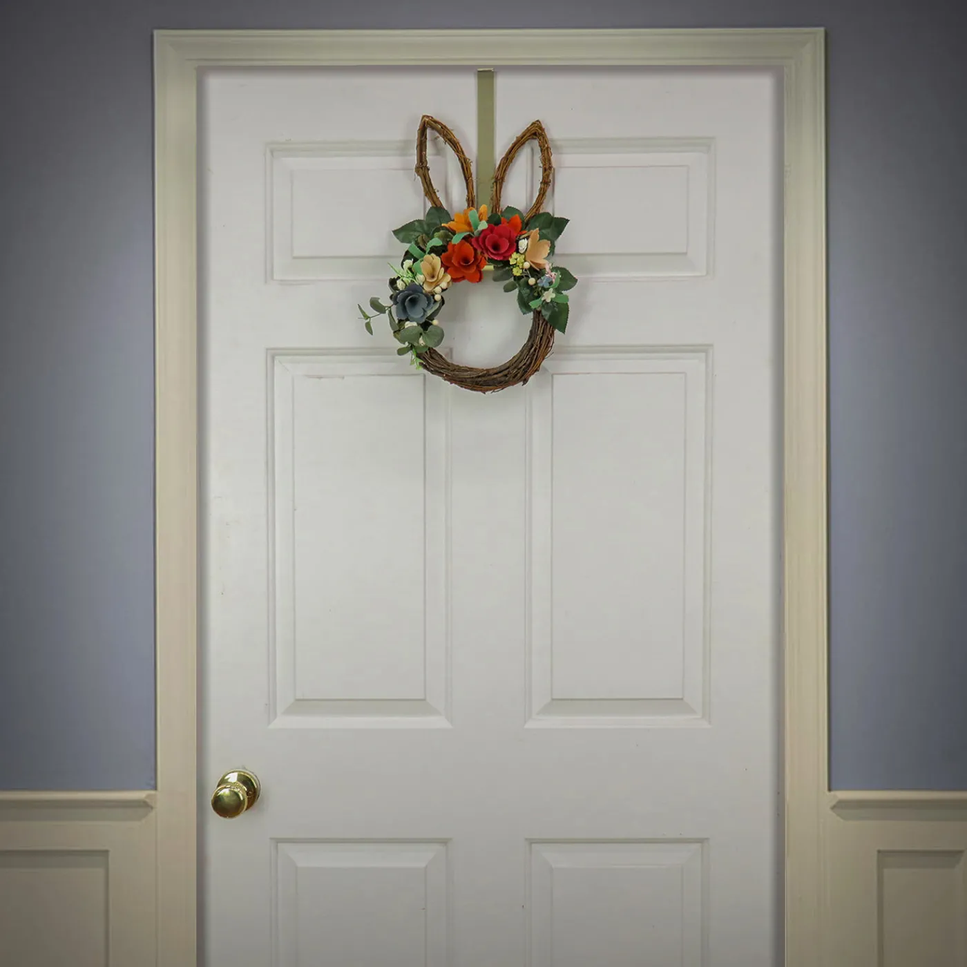 National Tree Company 17 in. Easter Bunny Shaped Hanging Wreath Decorated with Colorful Flower Blooms, Berry Clusters, Leafy Greens