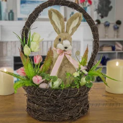 National Tree Company 17 in. Easter Bunny Sitting in Basket of Flowers Table Decoration