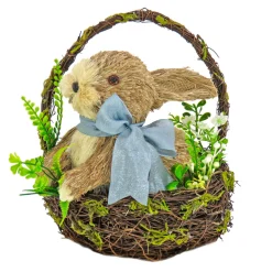 National Tree Company 10 in. Easter Bunny with Blue Bow in Floral Basket Table Decoration