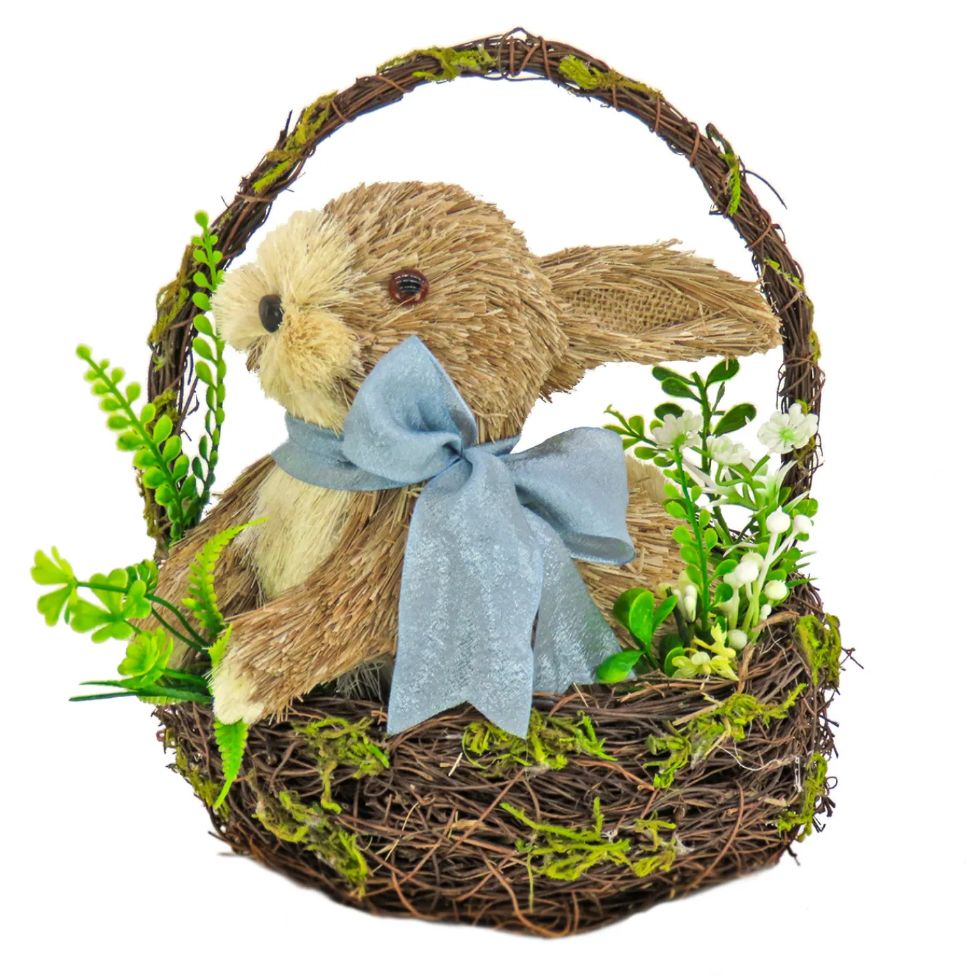National Tree Company 10 in. Easter Bunny with Blue Bow in Floral Basket Table Decoration