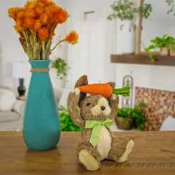 National Tree Company 9 in. Easter Bunny with Carrot Table Decoration Decorated with Checkered Green Bow
