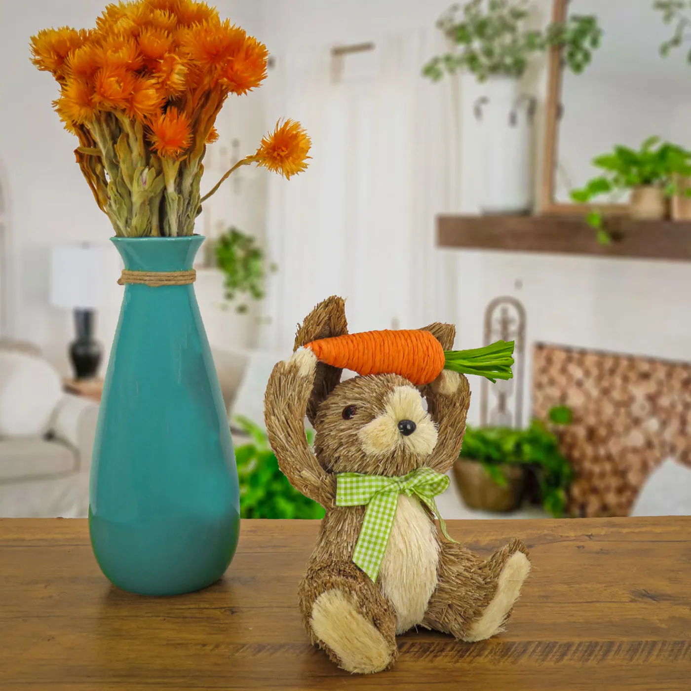 National Tree Company 9 in. Easter Bunny with Carrot Table Decoration Decorated with Checkered Green Bow