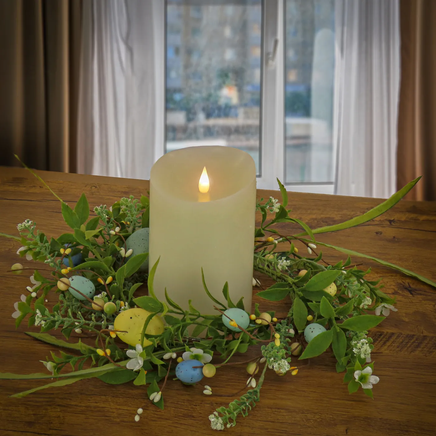 National Tree Company 6 in. Easter Candle Ring Decorated with Pastel Eggs and Mini Flowers